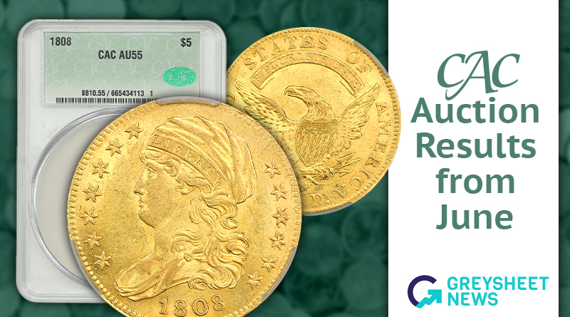 This CACG AU-55 1808 $5 gold coin was sold on June 2 by DLRC for $16,250