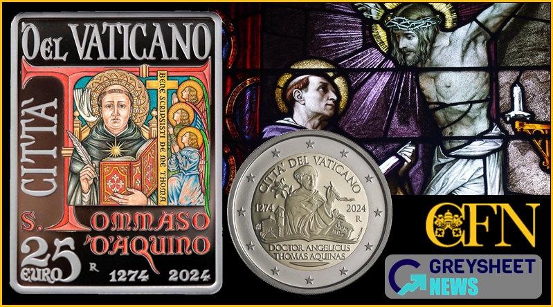 A traditional image of St Thomas Aquinas features in full colour on the reverse. 