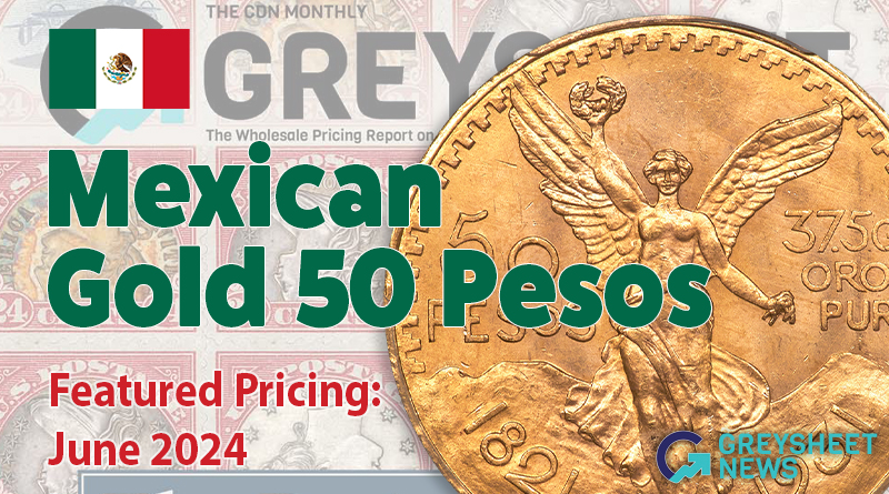 Mexican gold 50 pesos pricing from the June 2024 Greysheet Magazine