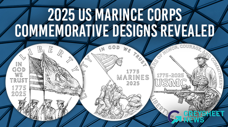 From left to right, the obverse designs for the $5 gold coin, $1 silver coin, and clad half dollar.