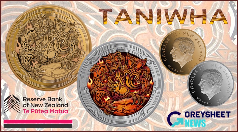 Mythological Taniwha is depicted in vivid colour on Silver proof coins