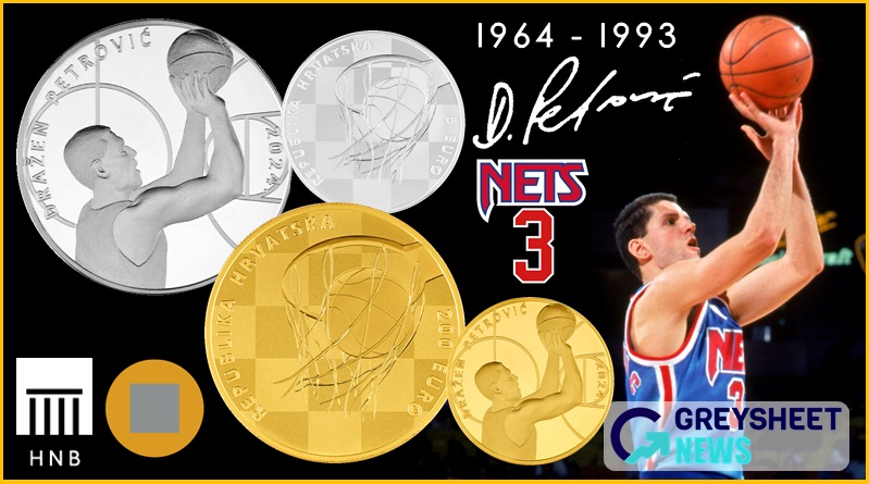 The obverse side features a depiction of Dražen Petrović on the court.