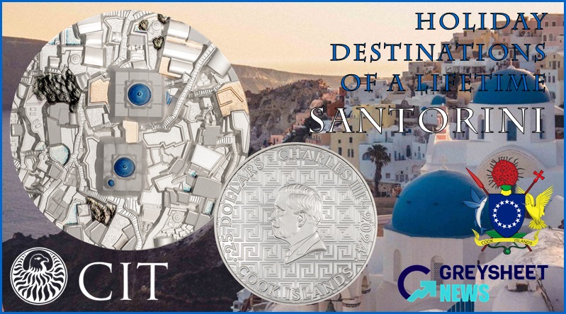 The beautiful Greek island of Santorini features on the reverse side. 