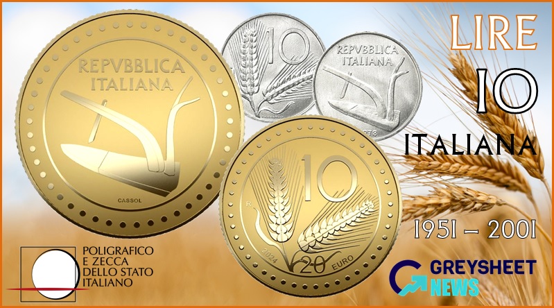 The familiar 10 lire design features on new 20 and 50 Euro gold coins.