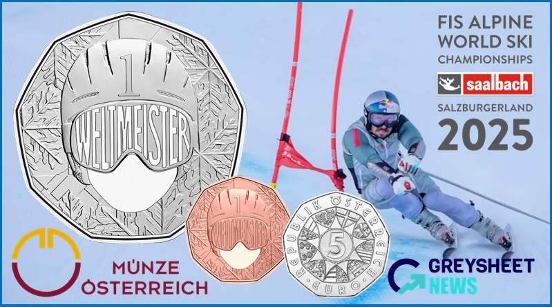 A skier's helmet and goggles feature on this un-dated coin.