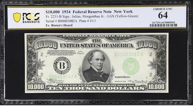 Magnificent Choice Uncirculated Fr. 2231-B 1934 $10,000 Federal Reserve Note from the Stack's Bowers Showcase Auction