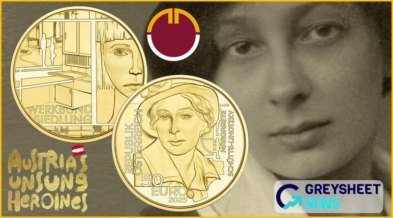 A photo of Margarete Schütte-Lihotzky is recreated on the obverse.