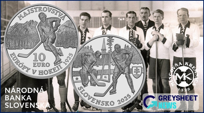 Players of Ice Hockey are depicted on both obverse and reverse.