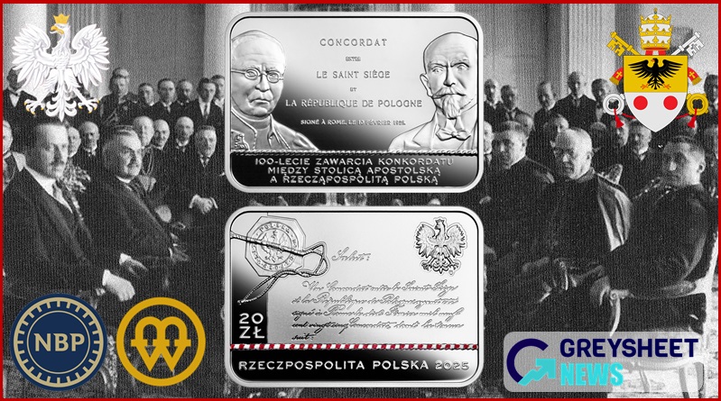 Front-facing images of the Pope and Polish President from 1925 are featured on the obverse.