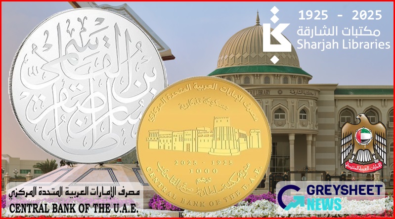 Two images of the first building of the of the Sultan bin Saqr Al Qasimi Library is featured on the obverse.