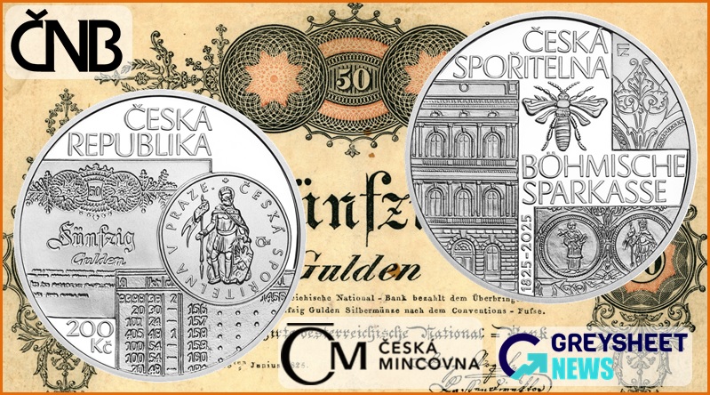 A portion of the first Czech savings bank building in Prague is shown on the reverse.