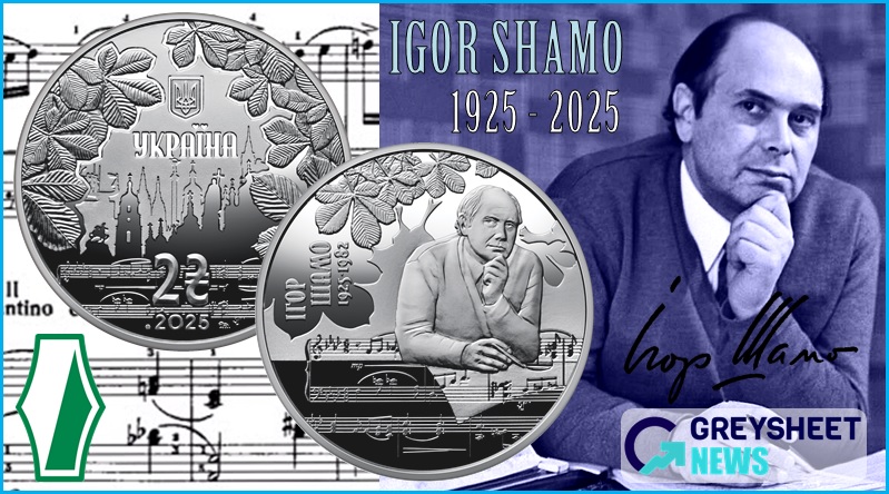 A 1970’s publicity photo of Igor Shamo is recreated on the obverse.