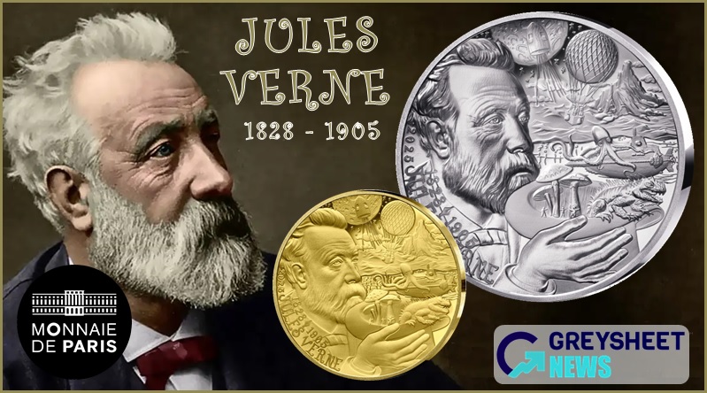 A familiar image of Jules Verne is recreated on the obverse.