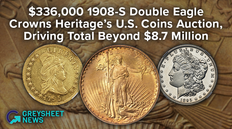 $336,000 1908-S Double Eagle Crowns Heritage's U.S. Coins Auction, Driving Total Beyond $8.7 Million