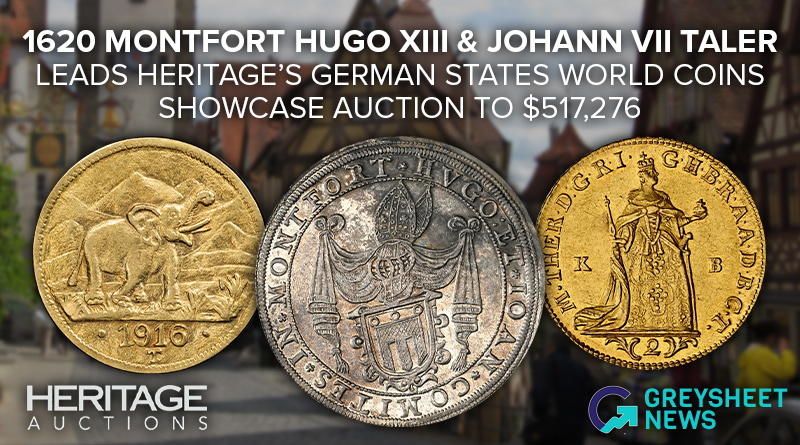 1620 Montfort Hugo XIII & Johann VII Taler leads Heritage’s German States World Coins Showcase Auction to $517,276