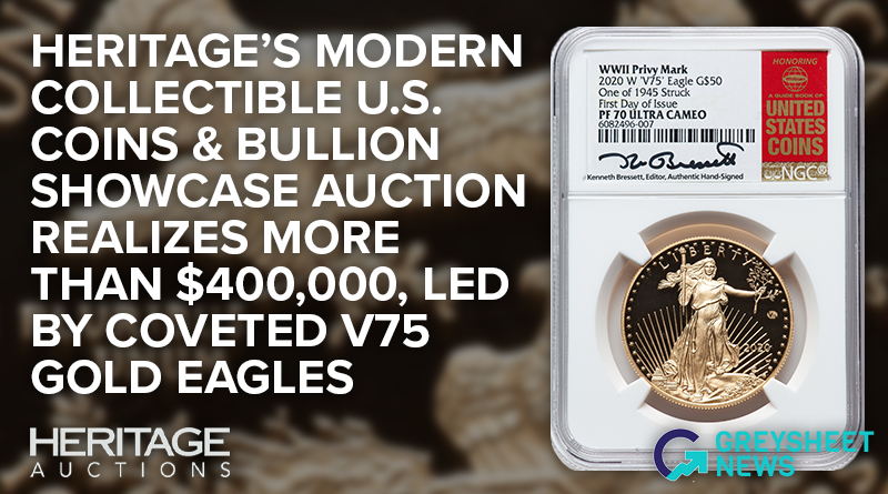 Heritage's Modern Collectible U.S. Coins & Bullion Showcase Auction Realizes More Than $400,000, Led by Coveted V75 Gold Eagles